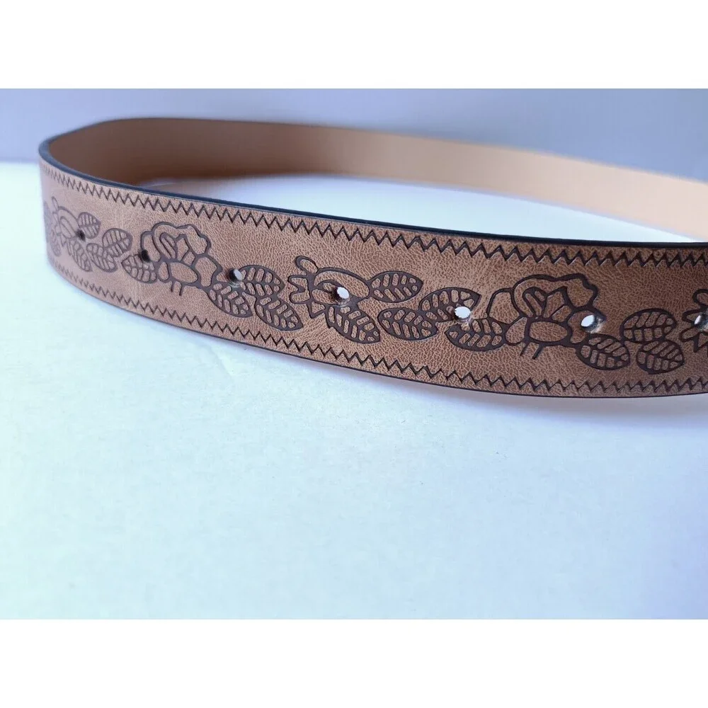 Western Floral Belt Genuine Leather Women's Size 42 Brown Silver Buckle